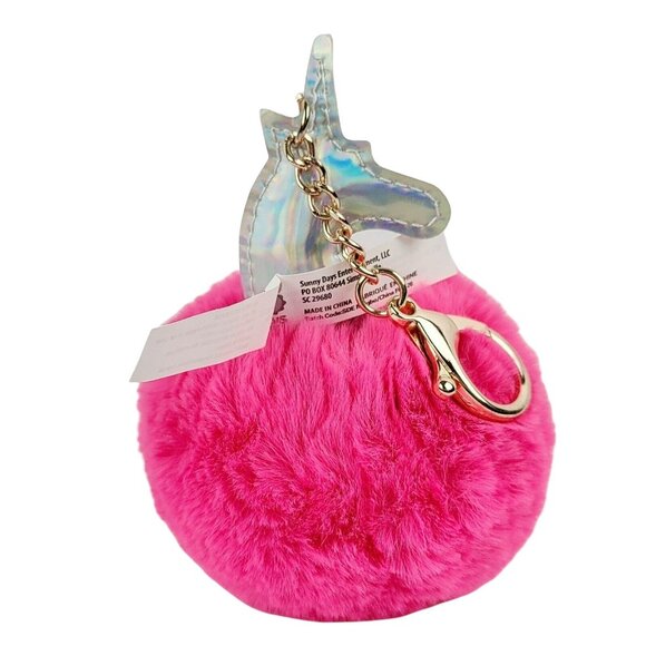 Puffy Unicorn Head Keychain 4 inch Plush Pink Ball Backpack Clip On Sunny Days - Picture 3 of 6